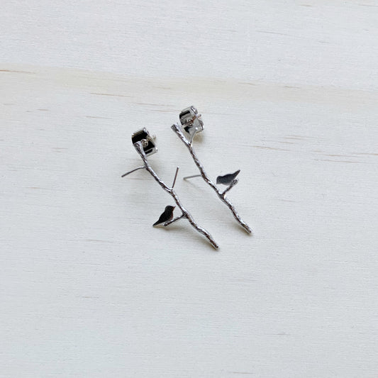 ‘Twig & Swallow’ Bird Stud Earring Set - Platinum Silver - The Sister Label